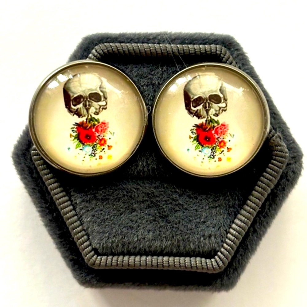 18mm Stainless Steel Stud Earrings with Skull and Floral Print Cabochon, NWT